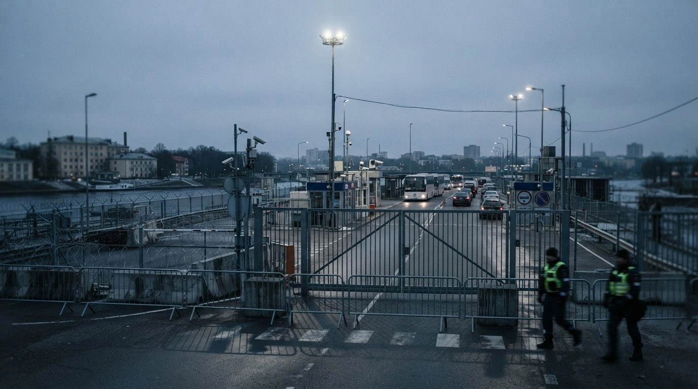 Estonian border guards secure the Narva crossing point after an attempted illegal entry from Russia.