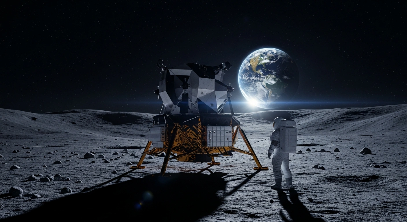 An astronaut stands near a modern lunar lander on the Moon's surface with the Earth visible in the background as part of NASA's Artemis mission for sustainable lunar exploration.