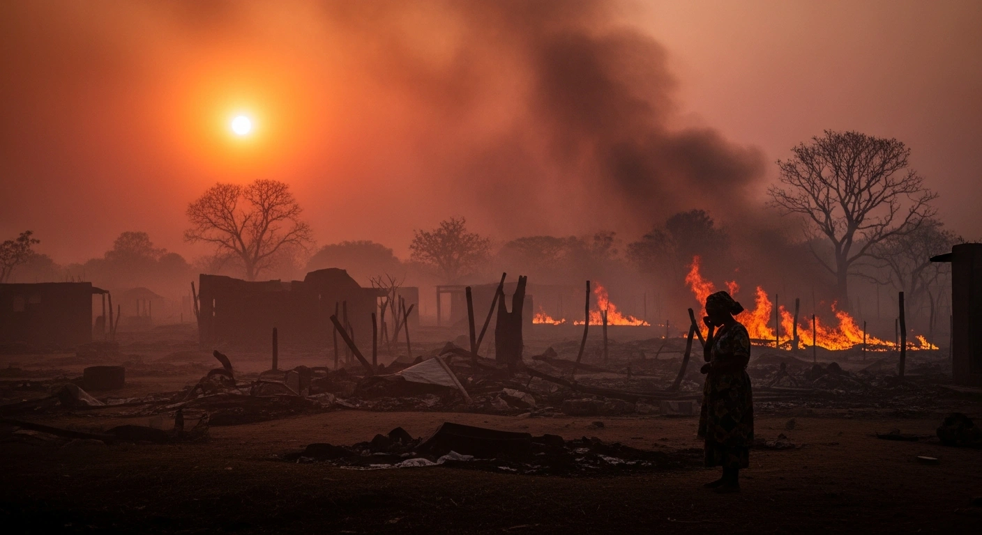 A wide shot at dawn shows the smoldering remains of a rural Nigerian village, with reddish smoke backlit by the rising sun, and a silhouetted figure standing amidst rubble, depicting the aftermath of an attack by suspected armed herders on the Akunza-Ashigye community in Nasarawa State, Nigeria.