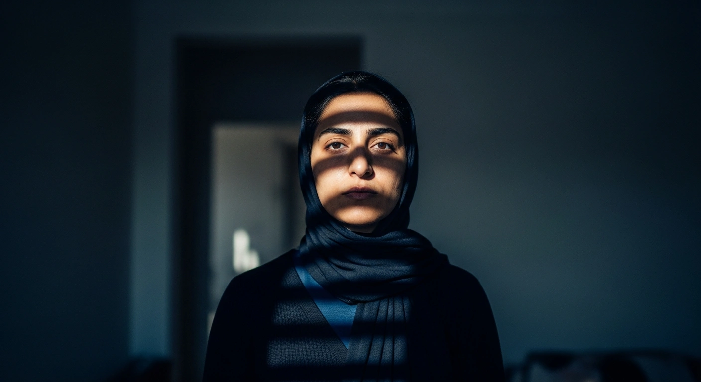 Human rights lawyer Nasrin Sotoudeh stands in a dimly lit room in Tehran following her detention by intelligence agents.