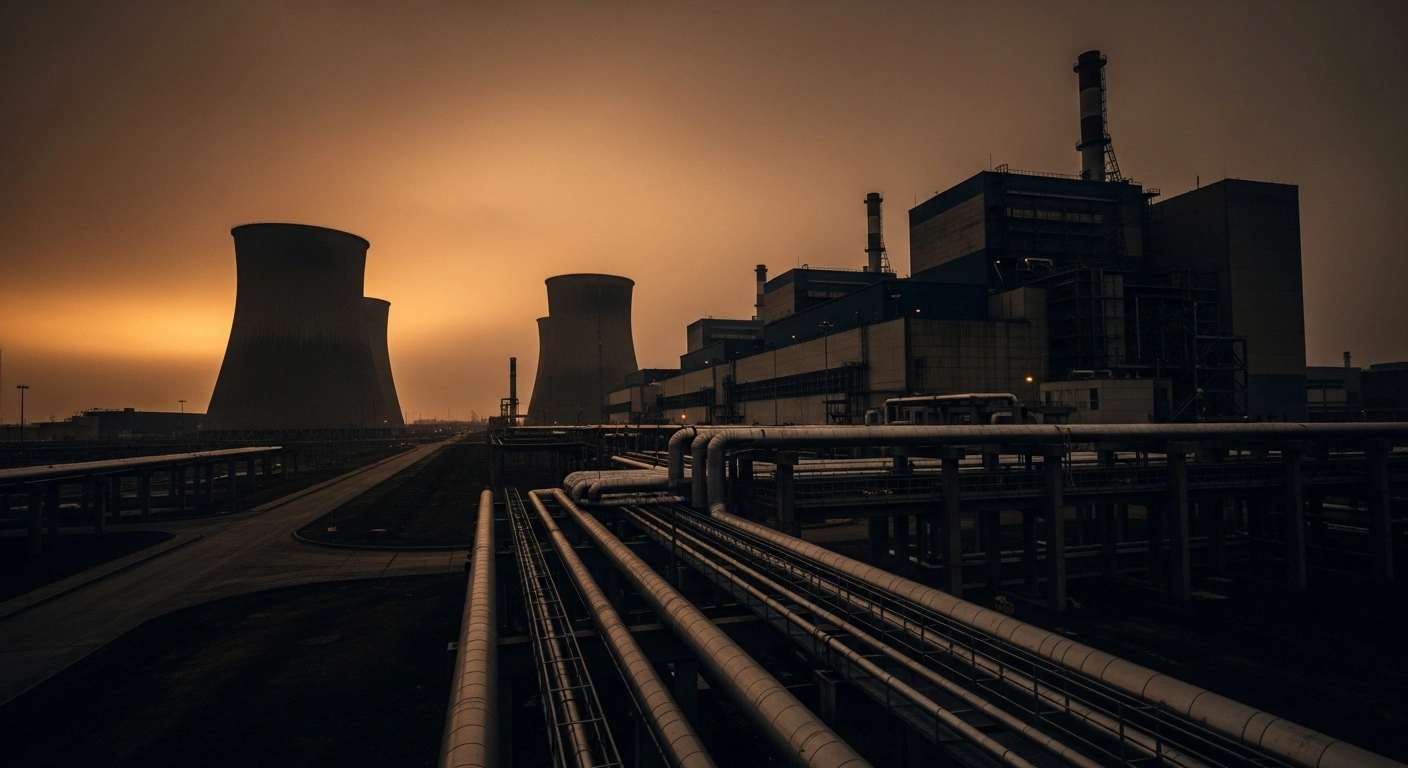 A wide shot of the Natanz nuclear facility in Iran under a dark, tense sky following reported attacks.