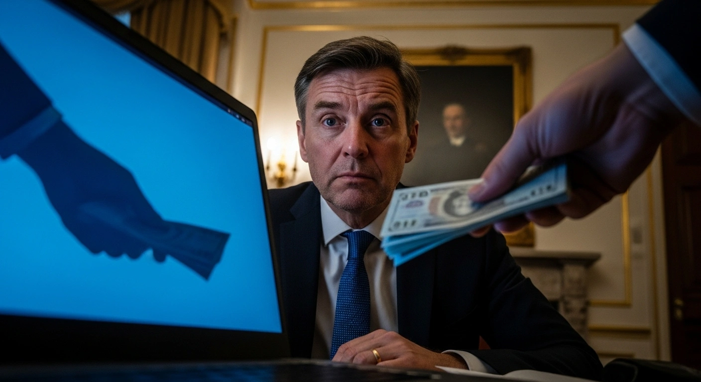 A man's face, illuminated by the cold glow of a laptop screen, reflects a shadowy hand passing a stack of currency, symbolizing the bribery accepted by Nathan Gill for making pro-Russian statements.