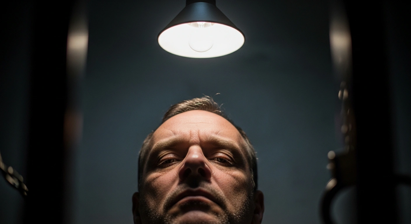 A man, representing Nathan Gill, sits in a dimly lit, austere prison cell, reflecting on his 10.5-year sentence for accepting £40,000 in bribes to promote pro-Russia narratives while an ex-MEP.