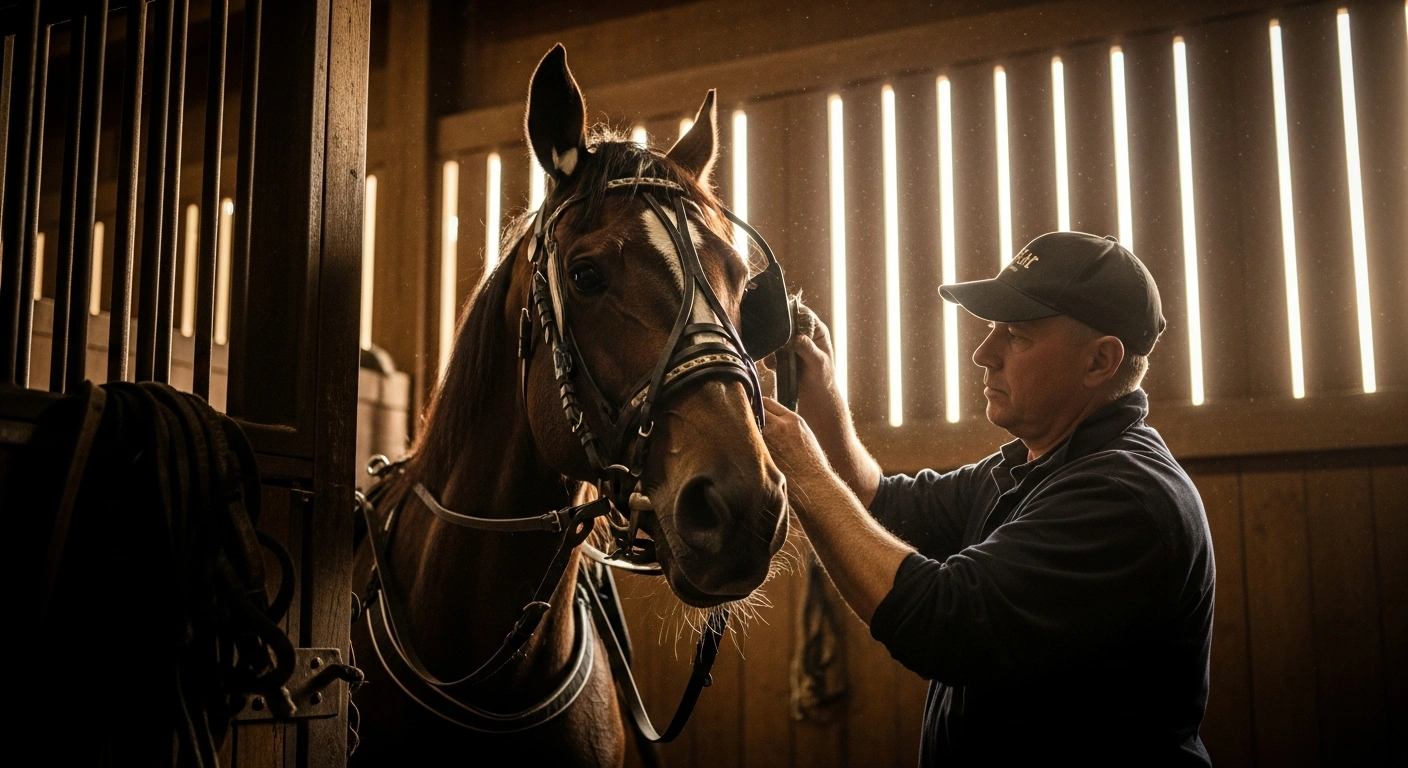A professional caretaker grooms a racehorse in a sunlit stable during the annual National Caretaker Appreciation Day event.