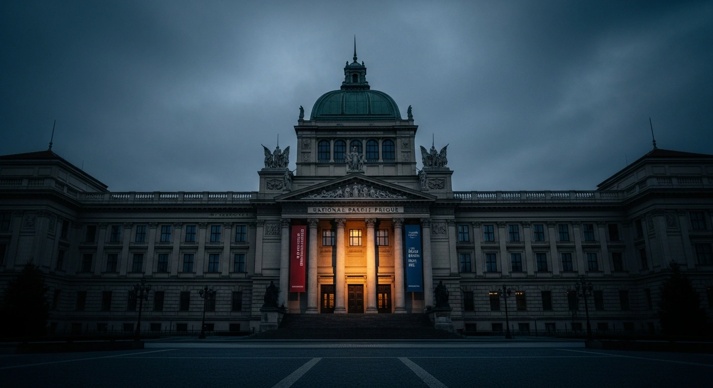 The exterior of the National Gallery Prague stands under a dramatic sky following the dismissal of director Alicja Knastová by Culture Minister Lubomír Zaorálek.