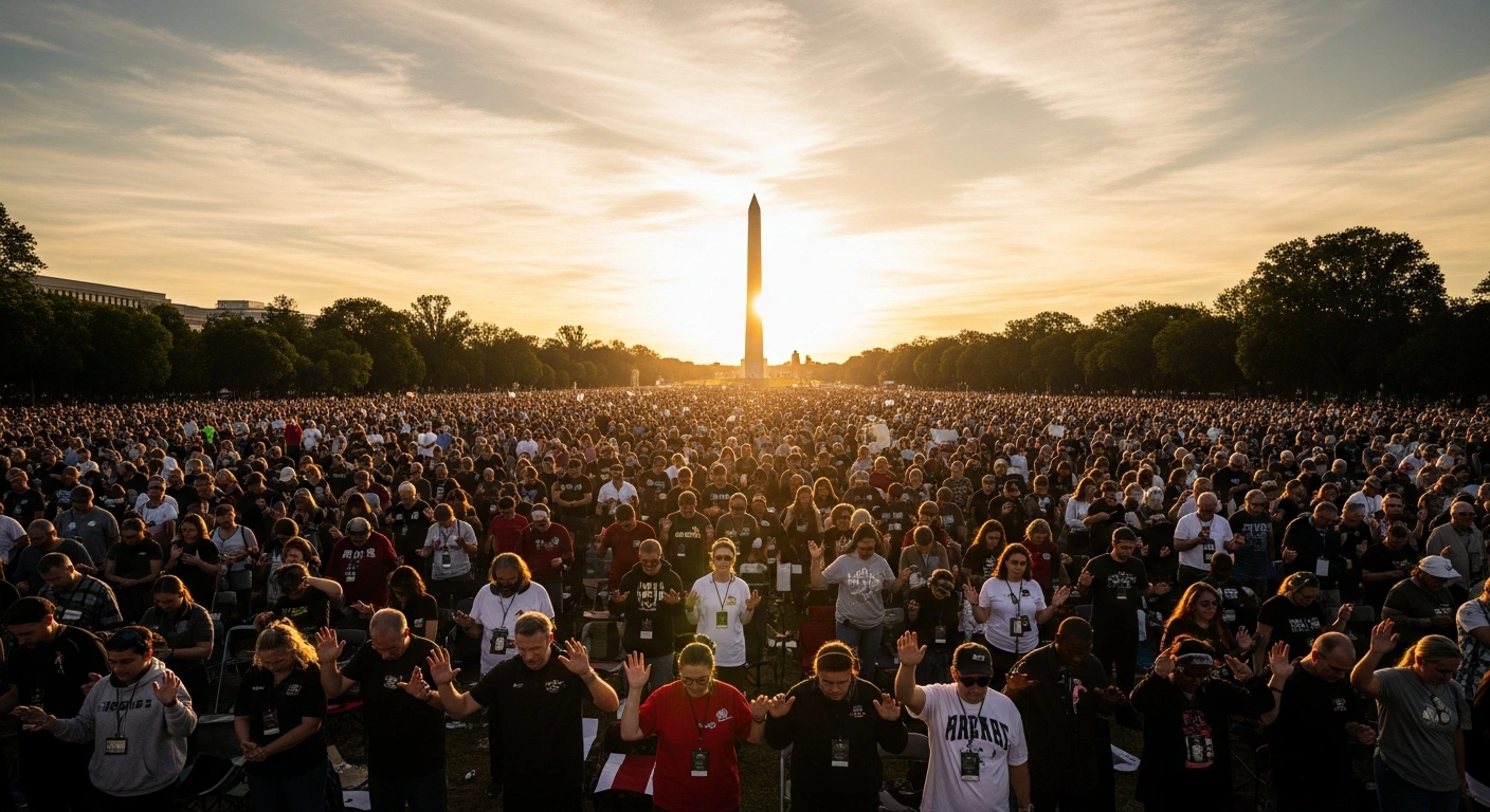 Thousands of people gather on the National Mall in Washington, D.C., for a large Christian prayer rally during a commemorative event.