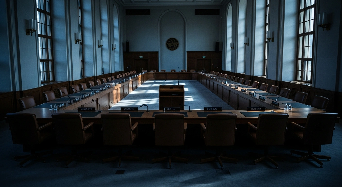 A dimly lit diplomatic chamber represents the coalition of over twenty nations demanding that Iran cease its malign activities and threats to international security.