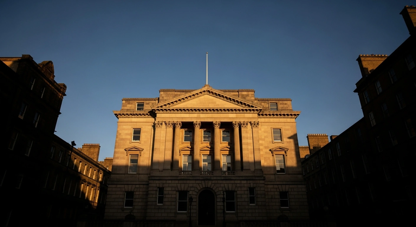 A well-maintained, traditional bank branch building, brightly lit by golden hour sun, stands prominently while other surrounding buildings appear darker and less distinct, symbolizing Nationwide Building Society's commitment to keep its 696 branches, including Virgin Money's, open until at least 2030, bucking the trend of widespread bank closures.