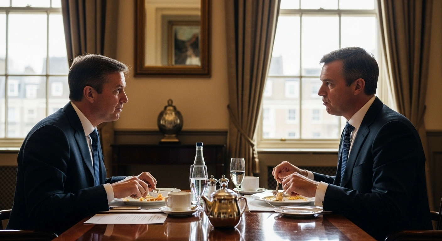Kevin Parry, chairman of Nationwide Building Society, is shown in a formal breakfast meeting, engaging with Richard Tice, deputy leader of Reform UK, to discuss the party's business approach.