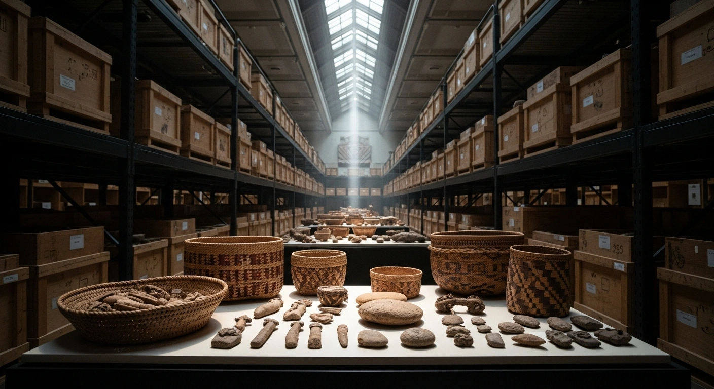 A collection of Native American cultural artifacts sits inside a dimly lit museum storage room as part of a push for repatriation.