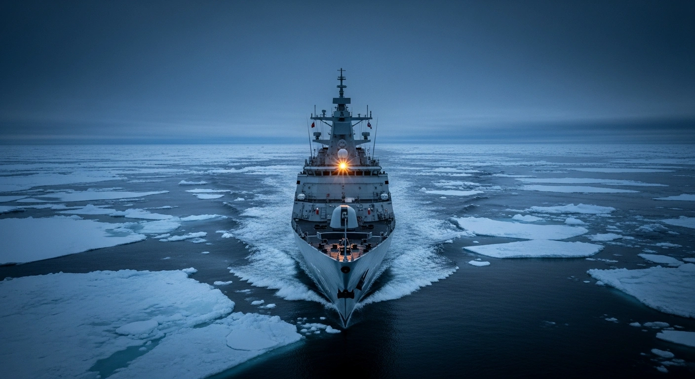A state-of-the-art naval vessel, possibly a stealthy frigate, navigates through icy Arctic waters under a dramatic twilight sky, symbolizing NATO's bolstered deterrence and surveillance efforts against increased Russian military presence, particularly near Greenland and critical sea lanes.