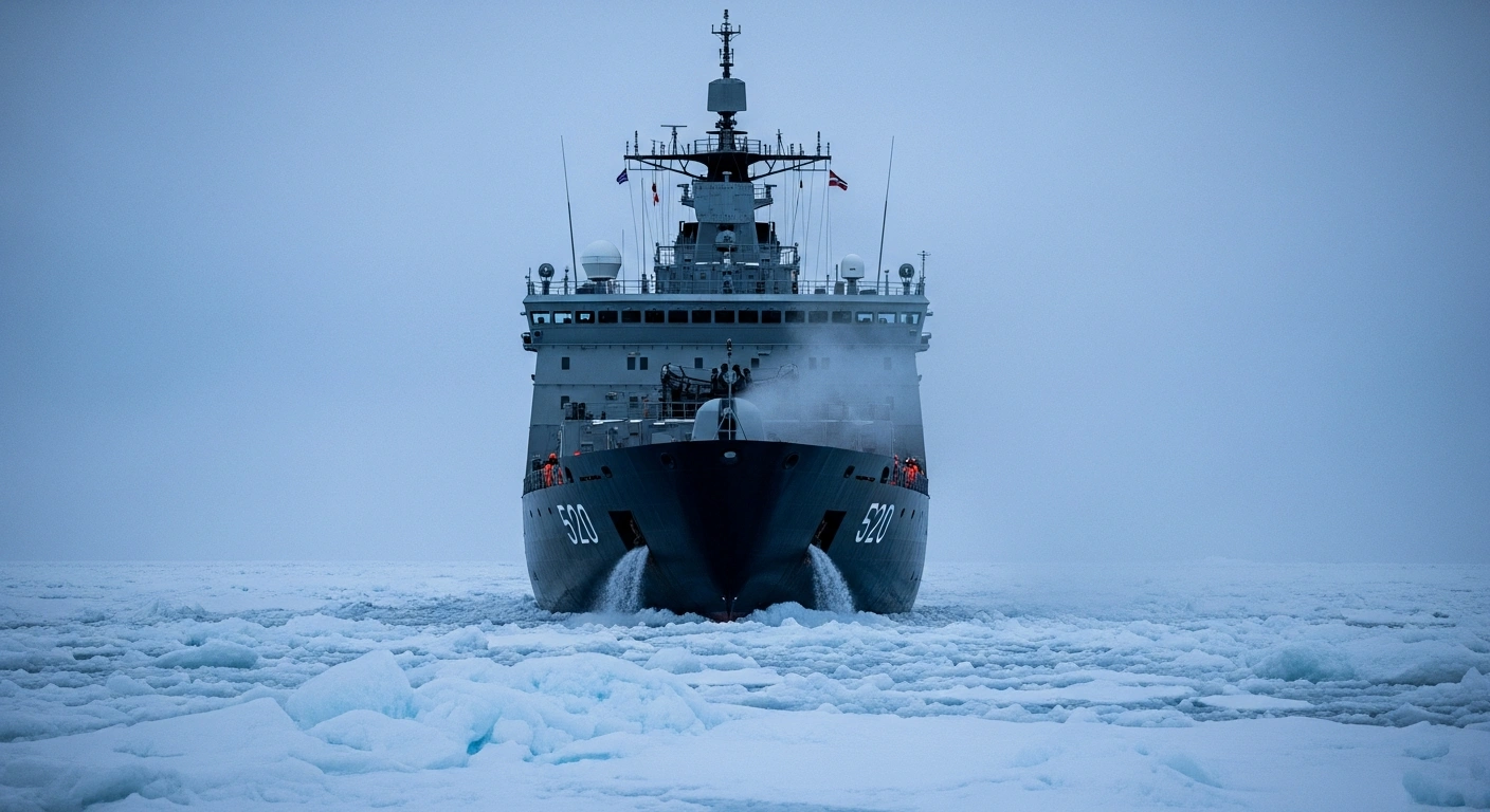 A powerful NATO icebreaker cuts through jagged ice floes in the Arctic under a twilight sky, symbolizing the 'Arctic Sentry' military effort to bolster presence, enhance security, and counter Russian and Chinese influence in the strategically vital region.