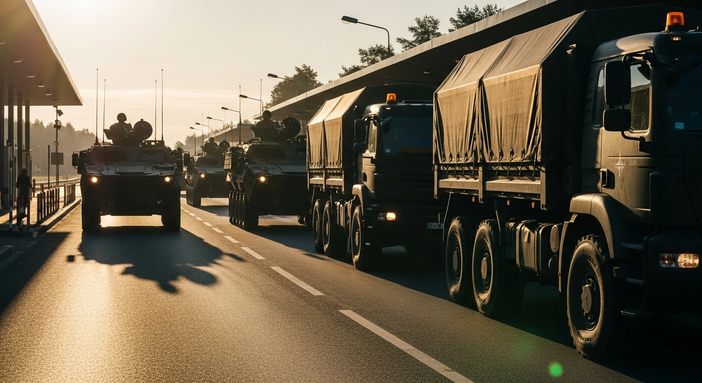 A unified convoy of modern military vehicles, including armored personnel carriers and logistics trucks, crosses a streamlined border checkpoint at dawn, symbolizing the new Military Mobility Zone established by Estonia, Latvia, and Lithuania to facilitate rapid movement of equipment and personnel and bolster NATO's eastern flank.