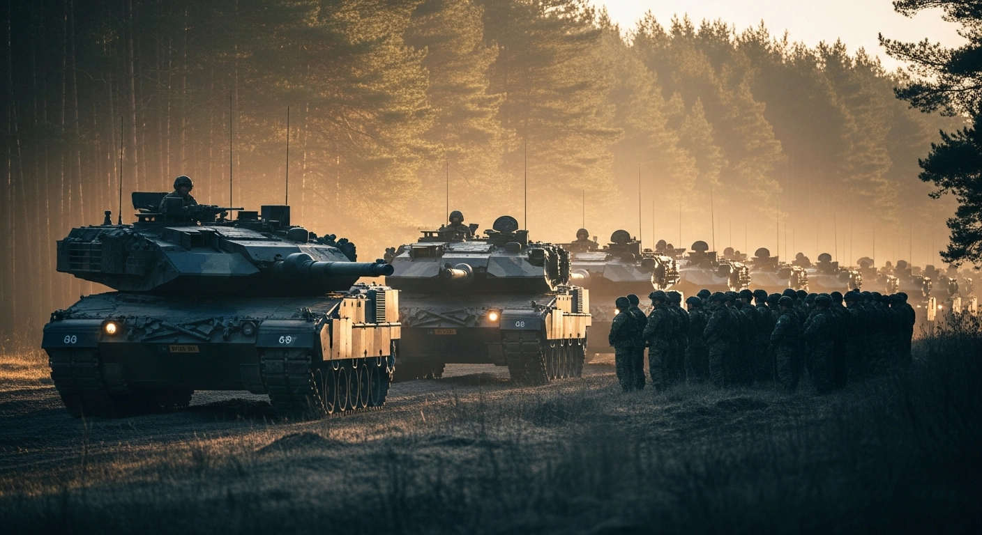 Multinational NATO troops and armored vehicles stand in formation during a military exercise in Latvia to mark the brigade's operational readiness.