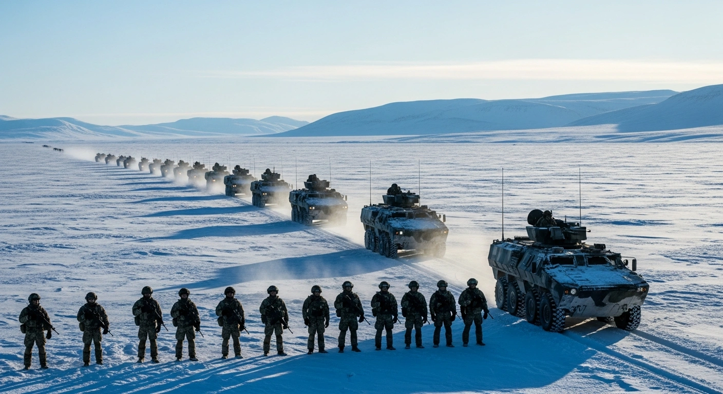 Military personnel and tactical vehicles participate in the NATO Cold Response 26 exercise in the snowy landscape of Finland.