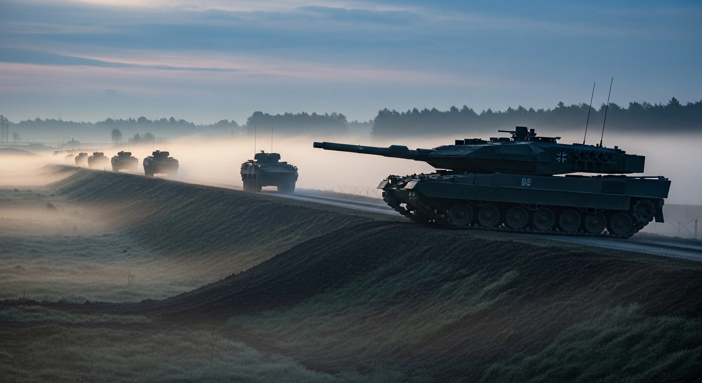 A German Leopard 2 tank stands prominently on a newly fortified embankment at dawn, with a convoy of armored personnel carriers visible in the misty distance, symbolizing NATO's significant reinforcement of its eastern flank, including Germany's deployment to Lithuania and Poland's increased defense efforts near Belarus's borders.