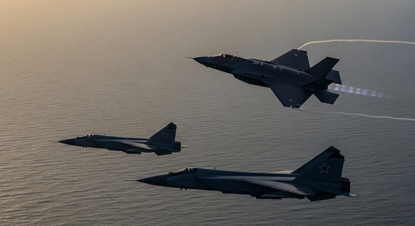 An Italian NATO F-35 fighter jet, with afterburners glowing, banks sharply over the dark waters of the Gulf of Finland, intercepting two Russian MiG-31 fighter jets silhouetted against the twilight sky.