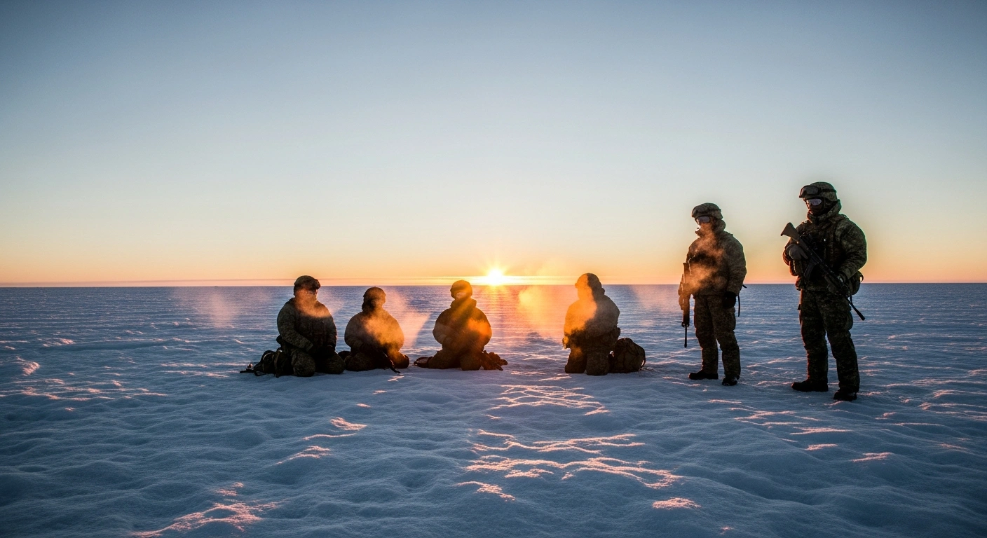 A small group of European NATO military personnel in arctic gear stands on a vast, icy Greenlandic landscape under a pale orange sky, participating in a Danish-led exercise to enhance Arctic security and demonstrate commitment to Greenland's sovereignty.