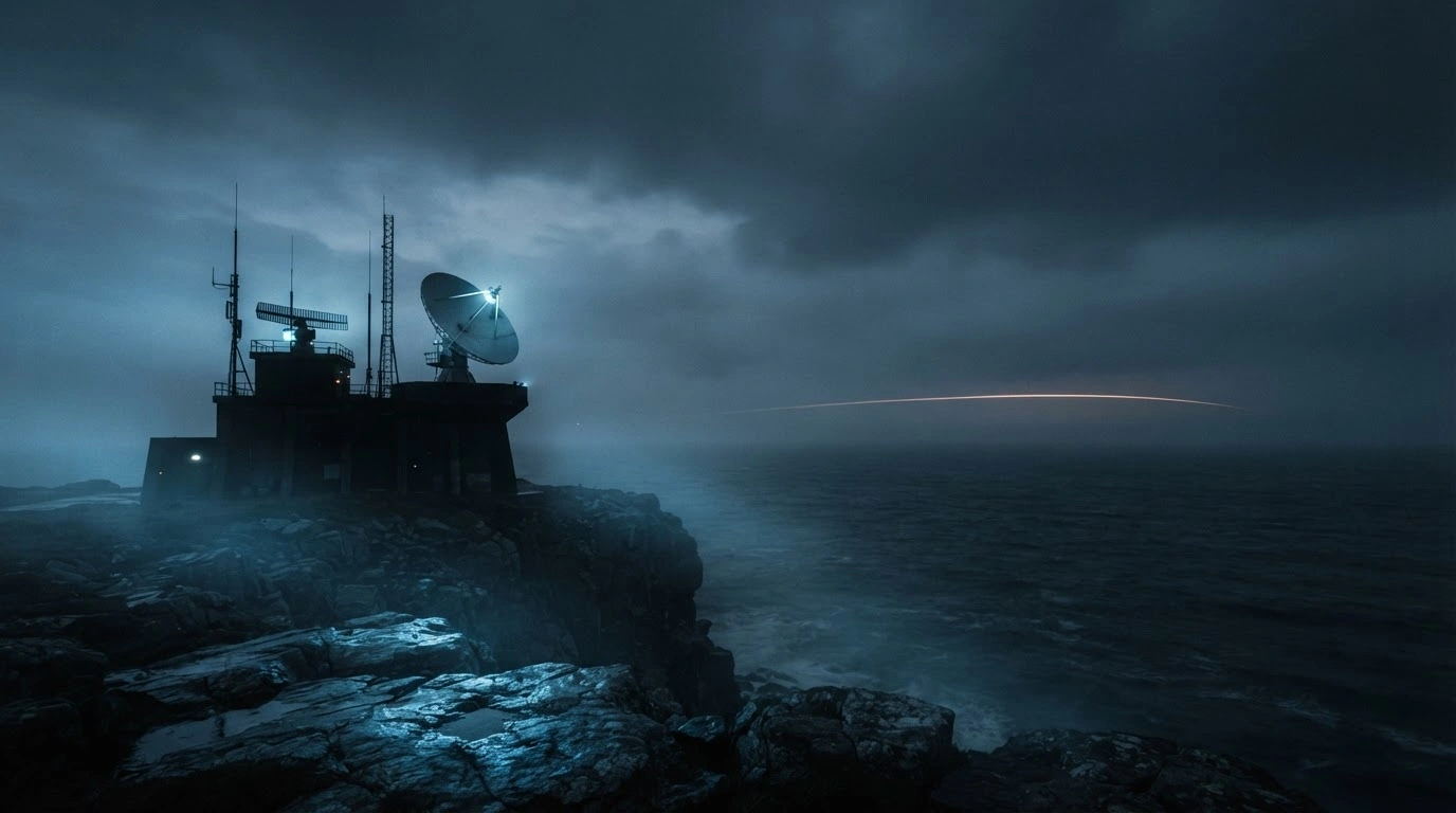 A silhouette of a NATO surveillance radar station stands against a dark, foggy horizon as a warning of potential Russian military strikes against European infrastructure.
