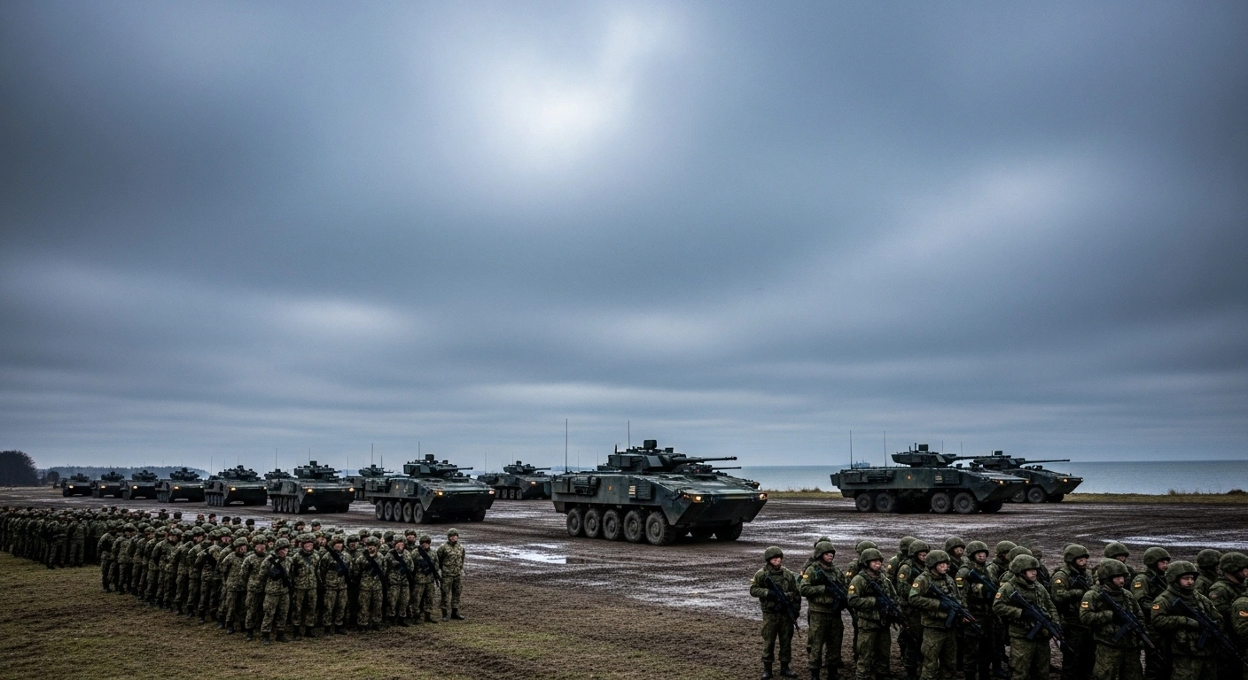 A wide, low-angle shot depicts a column of armored vehicles and soldiers in formation in a muddy Lithuanian field at dawn, with the Baltic Sea in the distance, symbolizing the 'Grand Eagle 25' NATO military exercise involving over 8,000 soldiers from 14 nations.