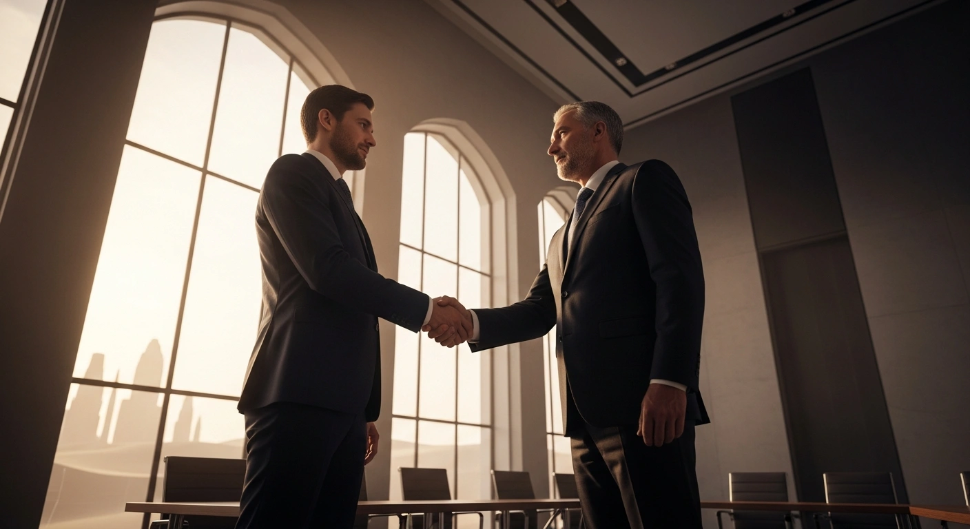 Two distinguished figures, representing NATO and Saudi Arabia, are captured in a firm handshake within a sunlit, modern conference room, symbolizing discussions on regional stability and strengthening NATO-GCC relations during Javier Colomina's official visit to Saudi Arabia.