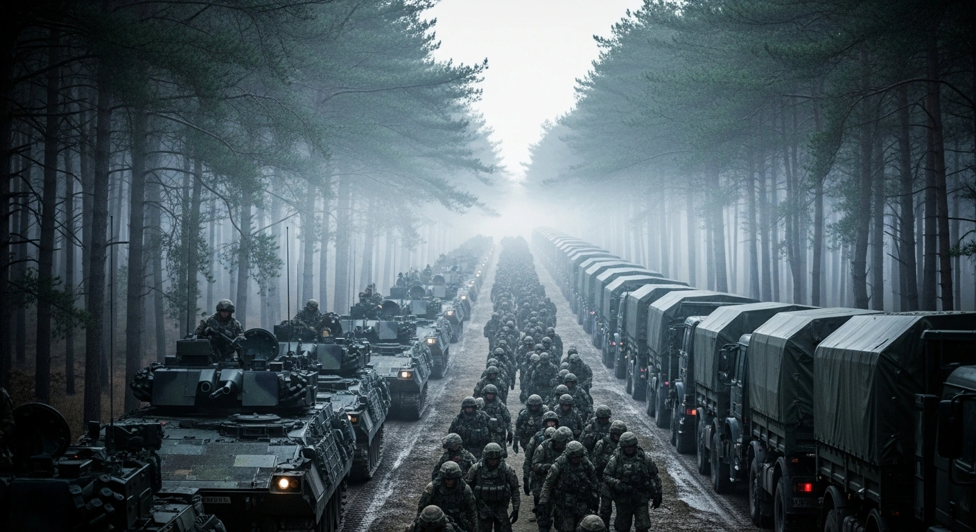 A long column of military vehicles and troops from 11 nations moves through a dense, fog-shrouded German forest at pre-dawn, depicting the rapid deployment and logistical support focus of NATO's 'Steadfast Dart 26' military exercise involving 10,000 troops.