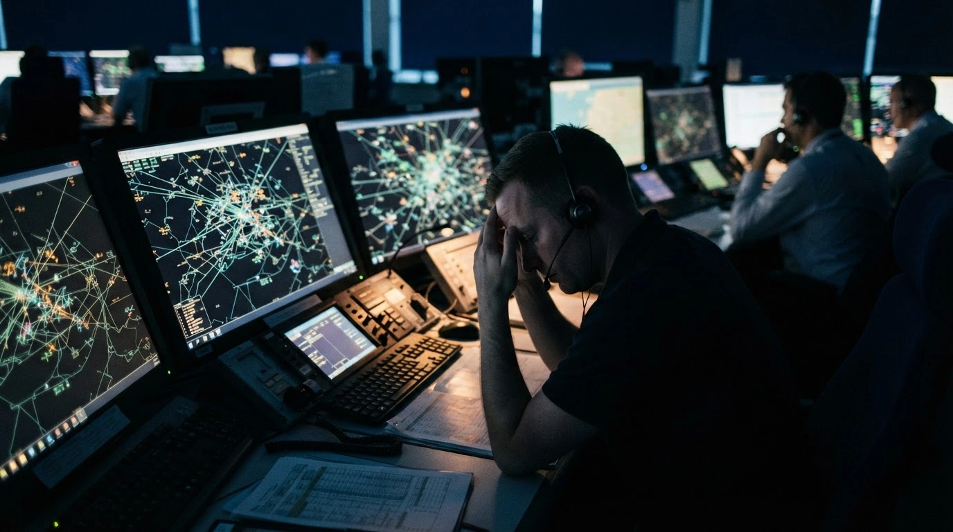 An air traffic controller monitors complex radar screens during a major technical failure at the National Air Traffic Services in the United Kingdom.