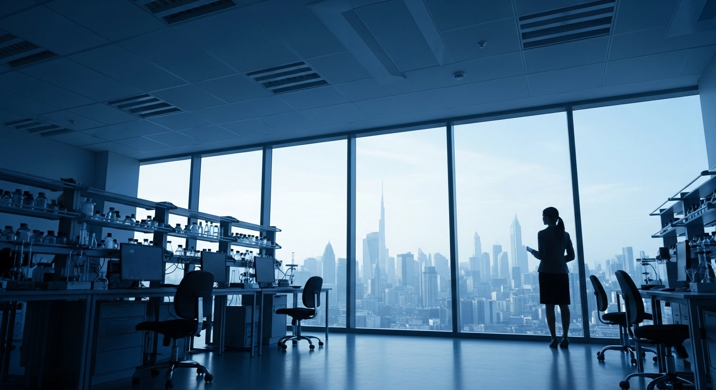 Magdalena Skipper, editor-in-chief of Nature, observes a modern cityscape representing China's scientific growth and international research collaboration.