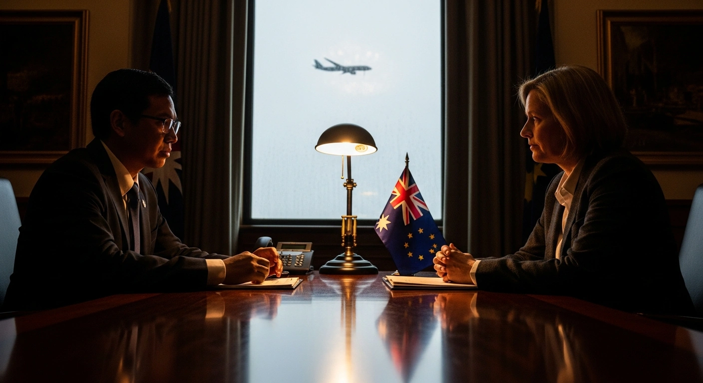 A Nauruan President and Australian ministers are depicted in a dimly lit, formal office, with a blurred aircraft visible through a window, symbolizing the controversial deportations to Nauru and allegations of corruption.