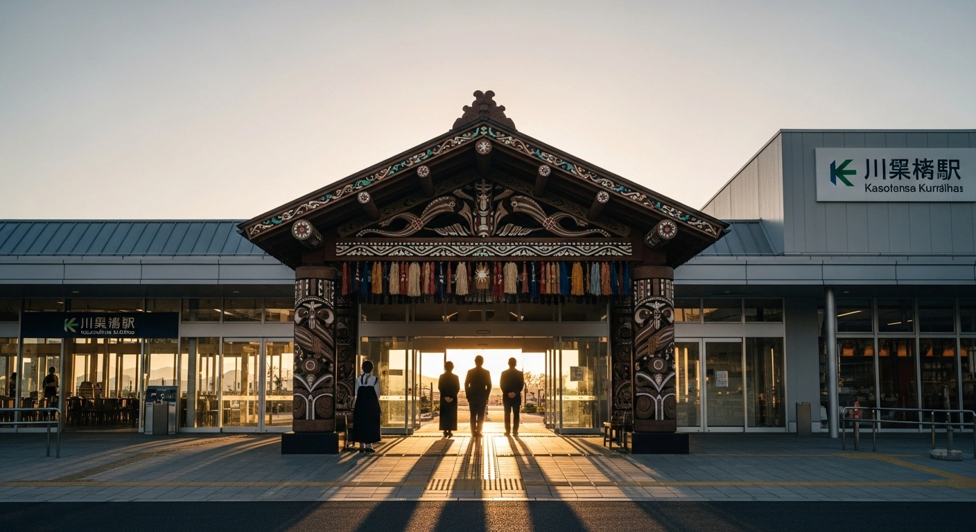 A wide, low-angle shot captures the newly unveiled Nauru Choshi Pavilion entrance, adorned with intricate Nauruan carvings and vibrant textiles, at Kasagami-Kurohae Station in Choshi, Japan, symbolizing the cultural partnership and tourism revitalization.