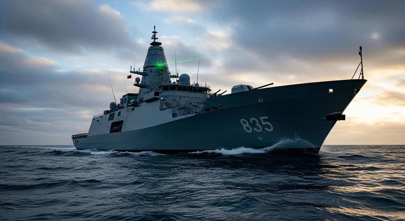 A sleek, dark naval vessel with an integrated, subtly glowing laser communication terminal on its mast navigates choppy, moonlit waters under a cloud-streaked sky, representing the integration of Astrolight's POLARIS laser communication terminals onto Naval Group vessels for enhanced secure communication.