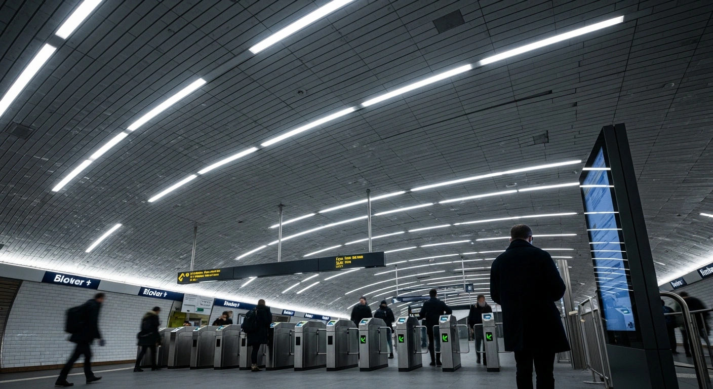 A low-angle shot of a modern, renovated Parisian metro station with commuters, symbolizing the Île-de-France public transport network's modernization funded by the Navigo pass price increase to 90.80 euros, effective January 1, 2026.
