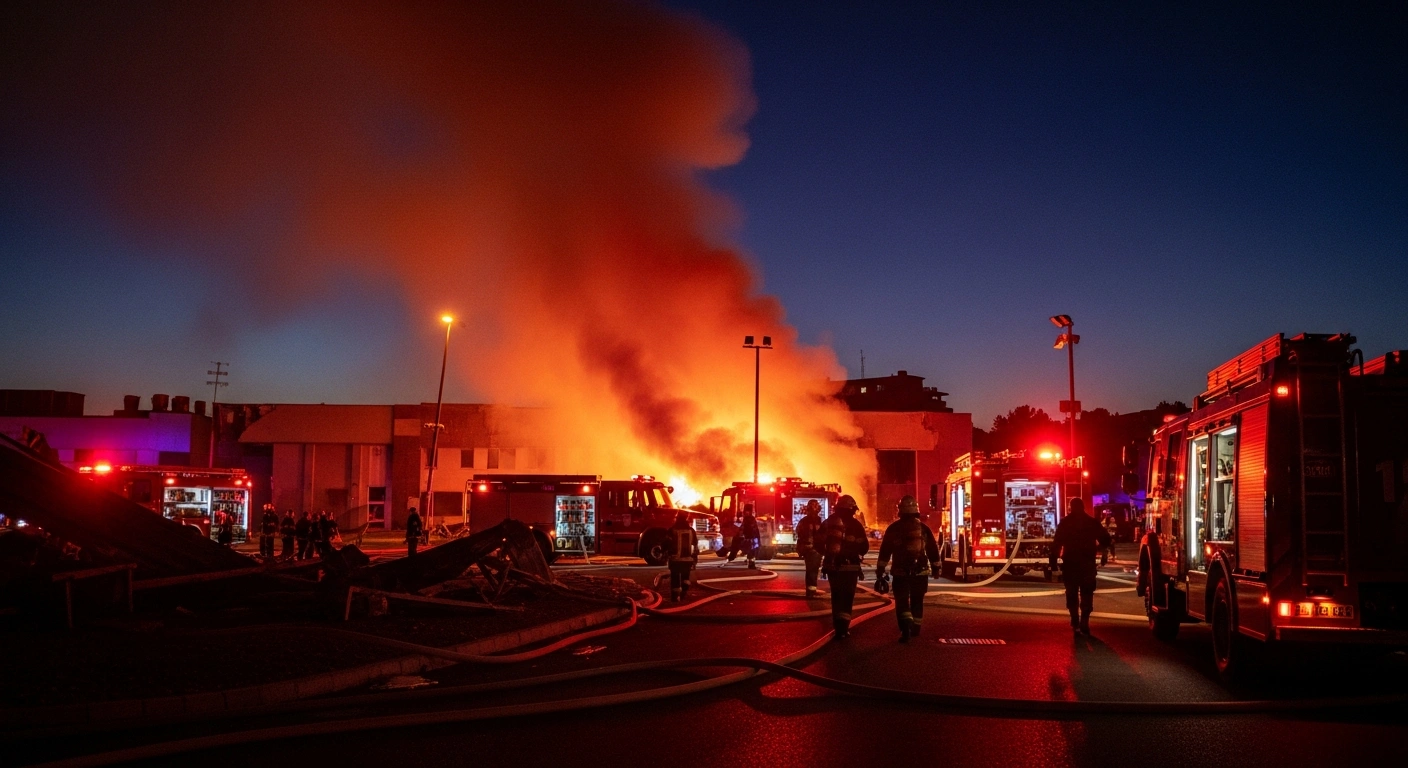 Emergency services respond to a late-night gas leak explosion and fire at a Nazareth business, with flashing lights illuminating debris and smoke, reflecting the aftermath where 15 people were injured.