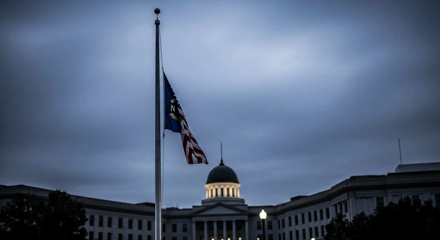 A United States flag flies at half-staff at a North Carolina state facility to honor the service and sacrifice of Master Trooper Steven J. Perry.