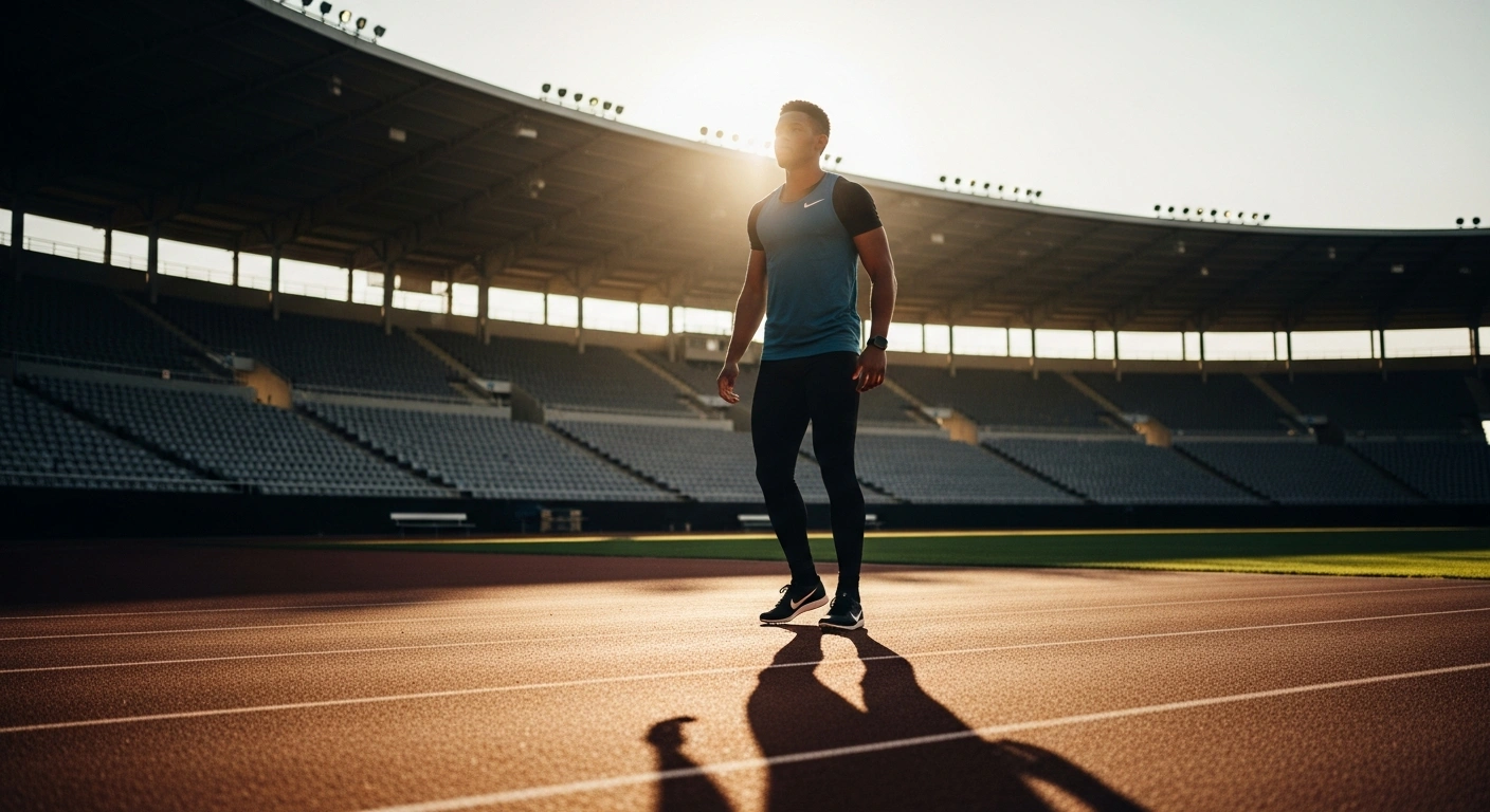 A focused student-athlete stands on a collegiate track, representing the new NCAA rule allowing five seasons of competition.