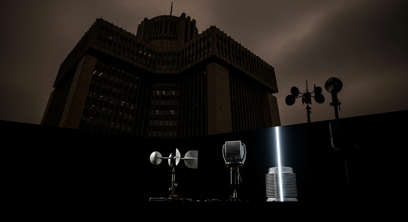 An imposing, brutalist government building stands under a bruised, ominous sky, casting a long shadow over delicate scientific instruments, visually representing the severe impacts on weather, wildfire, and storm prediction capabilities following the Trump administration's plans to dismantle the National Center for Atmospheric Research (NCAR).