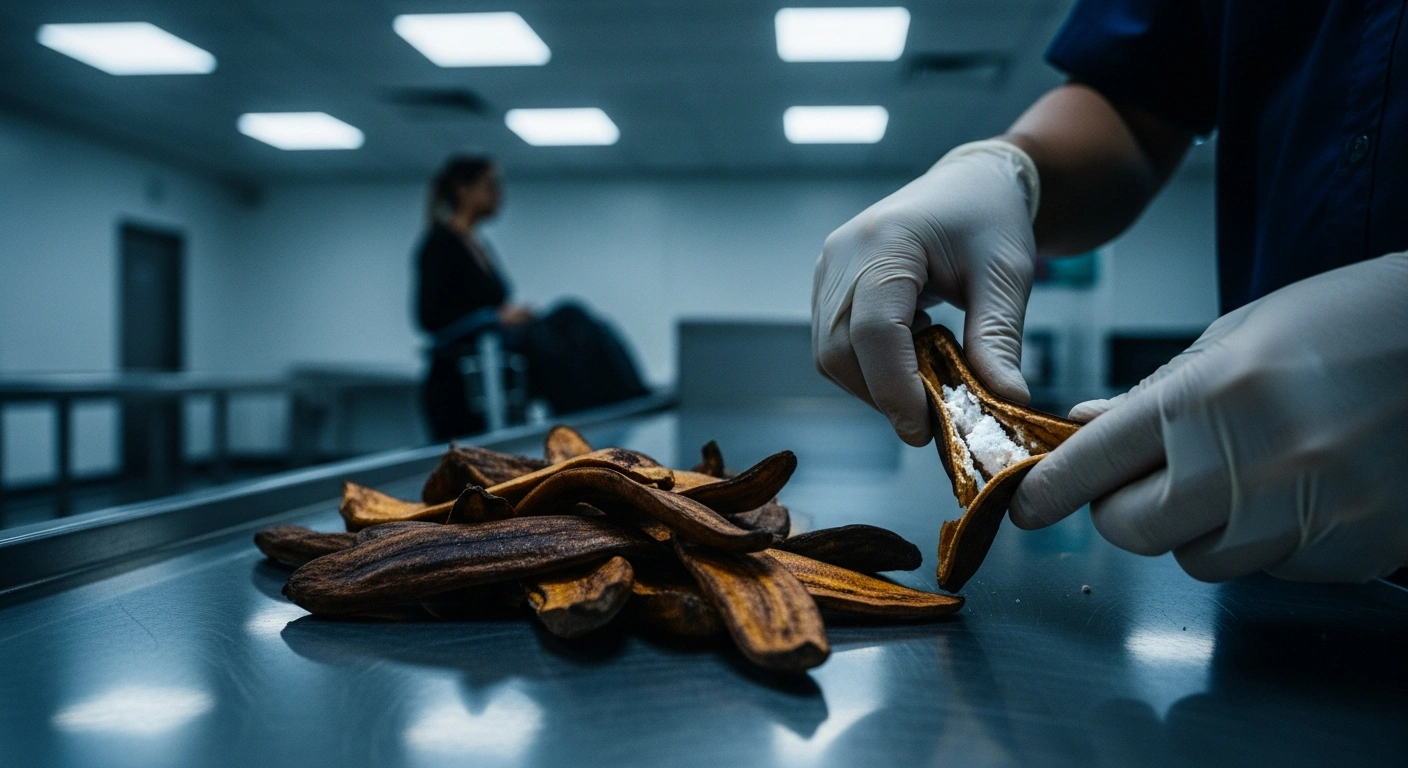 An NDLEA officer inspects processed plantain peels containing concealed cocaine at Murtala Muhammed International Airport in Lagos.