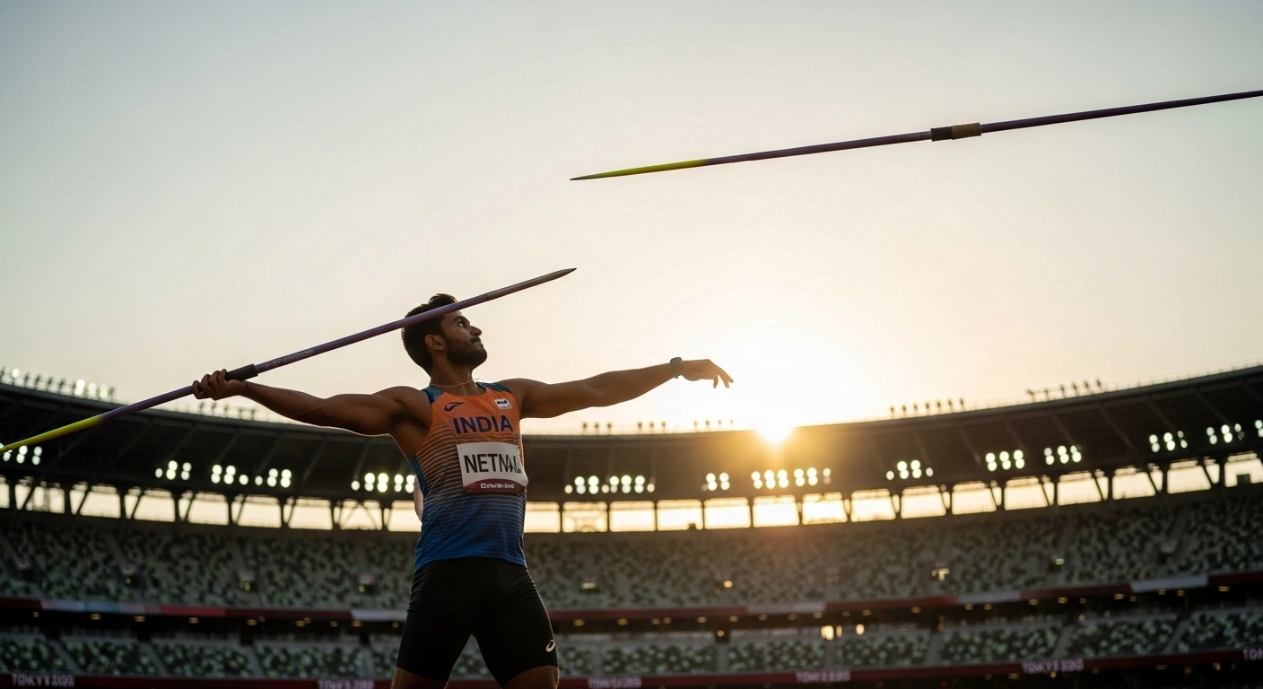 Indian javelin star Neeraj Chopra, in a stadium bathed in golden light, watches his javelin soar after effortlessly qualifying for the World Athletics Championships 2025 final in Tokyo.