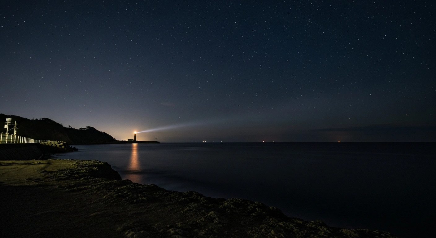 A serene, moonlit Japanese coastline off Nemuro, Hokkaido, at late night, with a distant lighthouse beam sweeping across the calm Pacific Ocean, visually representing the aftermath of a magnitude 5.4 earthquake that caused no significant damage or tsunami warning.