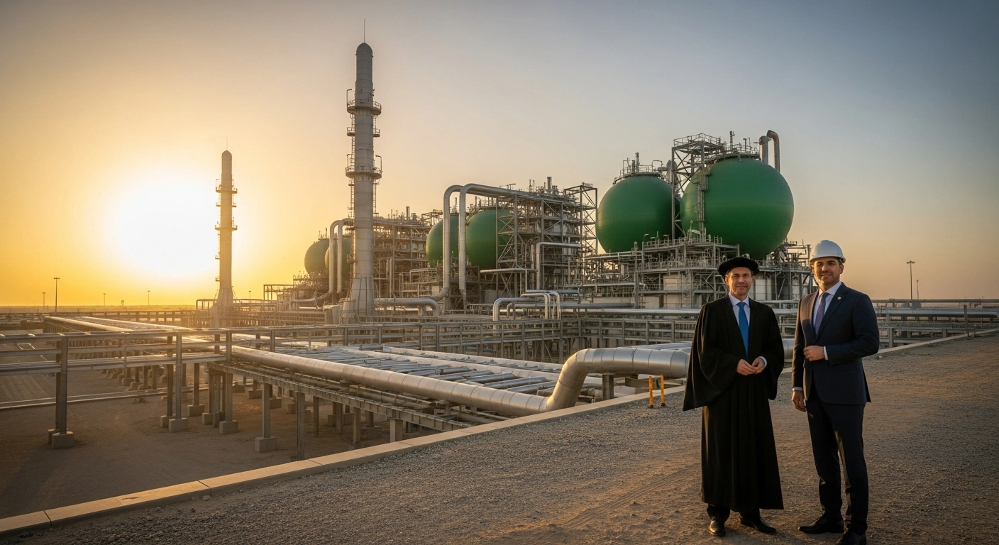 A wide shot depicts two professional figures, one in academic attire and one in business, standing in the foreground, symbolizing the partnership between NEOM Green Hydrogen Company and Fahd bin Sultan University, with a large, futuristic green hydrogen plant nearing completion in the background, representing Saudi Arabia's clean energy development.