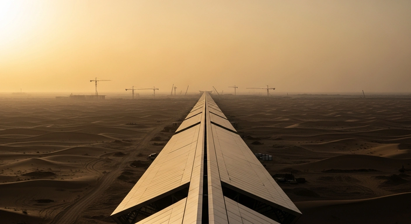 A wide-angle view of the futuristic linear city project known as The Line under construction in the Saudi Arabian desert.