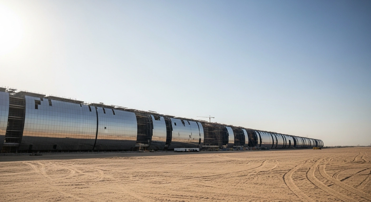 A vast, partially constructed linear megacity structure, 'The Line,' stretches across a desolate desert landscape under a harsh sun, symbolizing Saudi Arabia's NEOM project facing revised timelines and scaled-back ambitions for its 2045 completion.