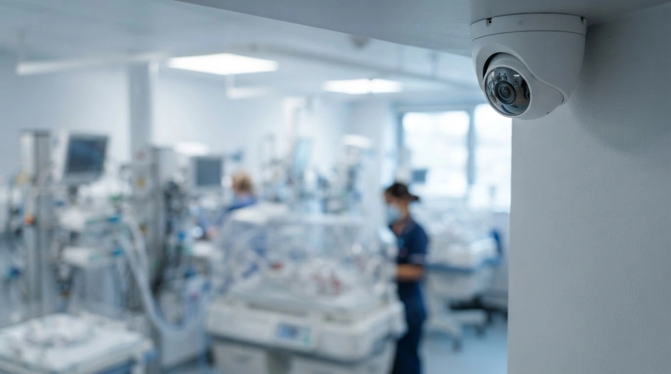 A security camera mounted in a modern neonatal unit represents the UK government's proposed safety reforms for the National Health Service.