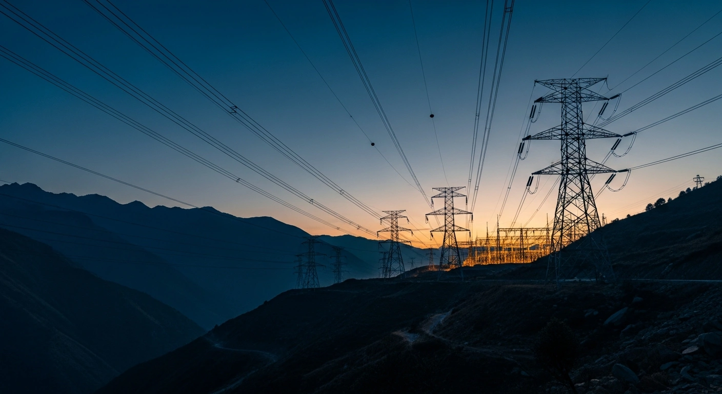 High-voltage transmission towers stand in the Himalayan landscape as electricity export plans between Nepal and Bangladesh face regulatory delays.