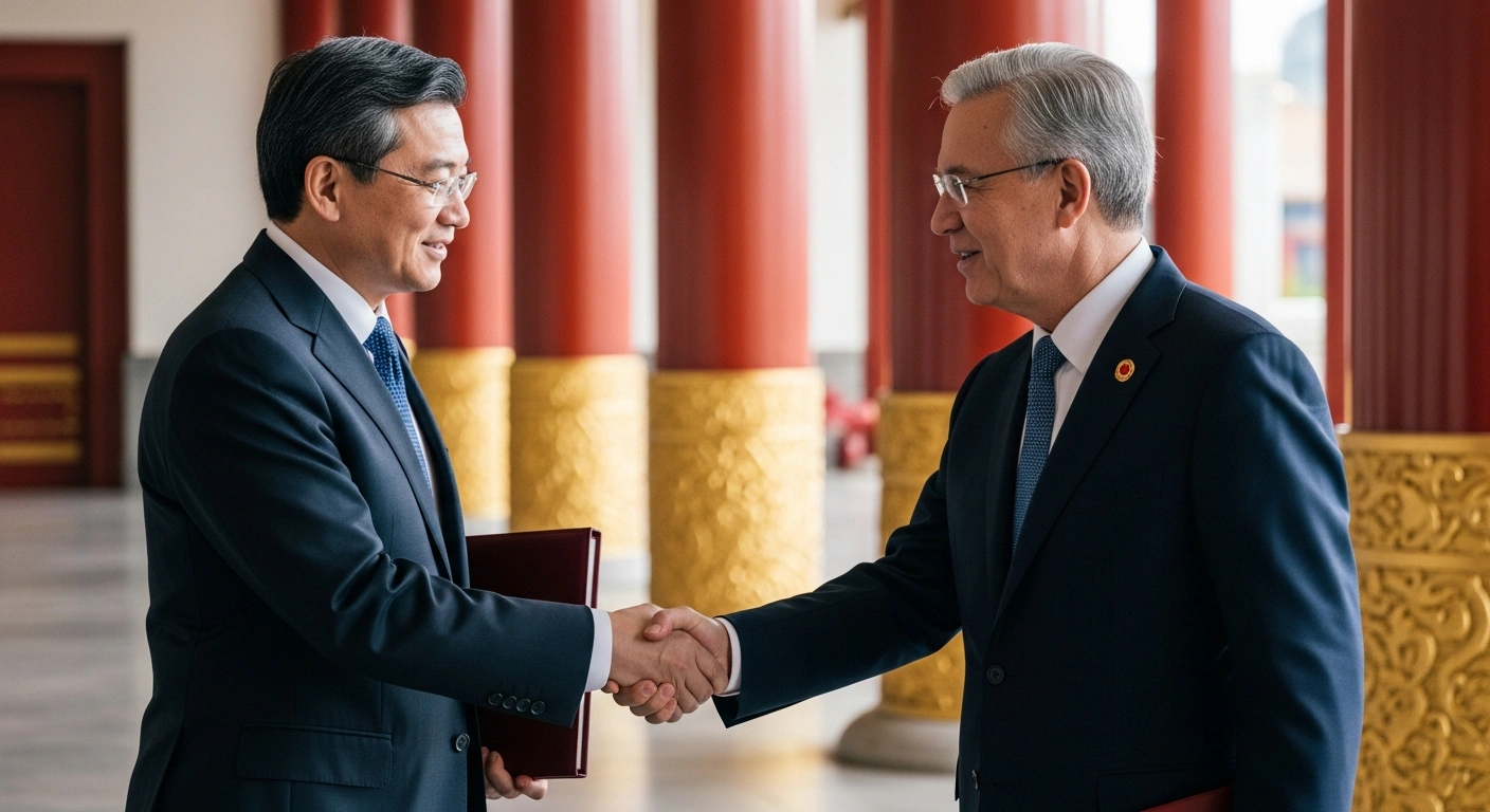Nepal's Foreign Minister Shishir Khanal shakes hands with a Chinese official during an official diplomatic visit in Beijing to discuss bilateral cooperation.