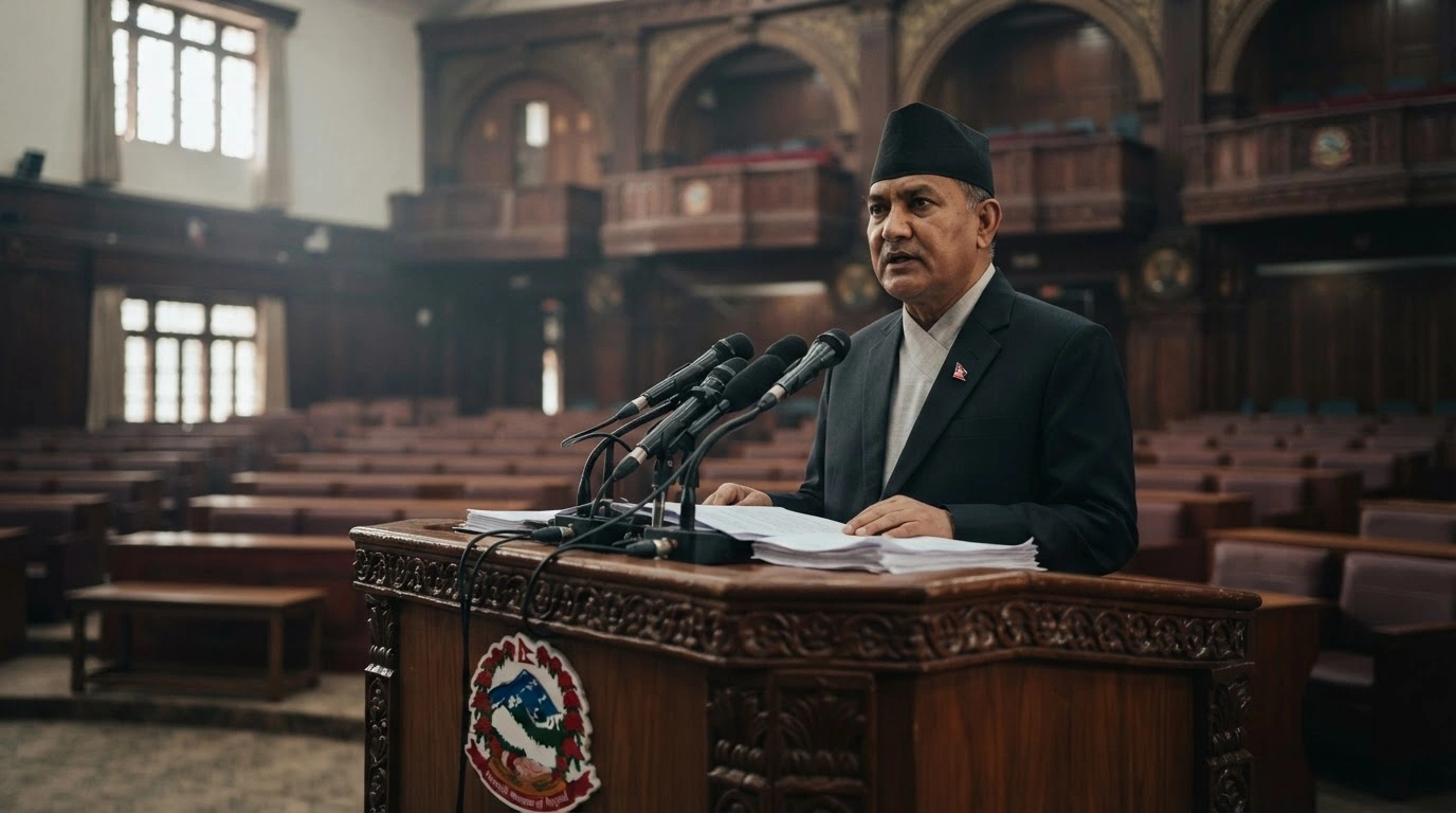 Prime Minister Balendra Shah addresses the Federal Parliament of Nepal to discuss the government's response to recent devastating floods and infrastructure recovery efforts.