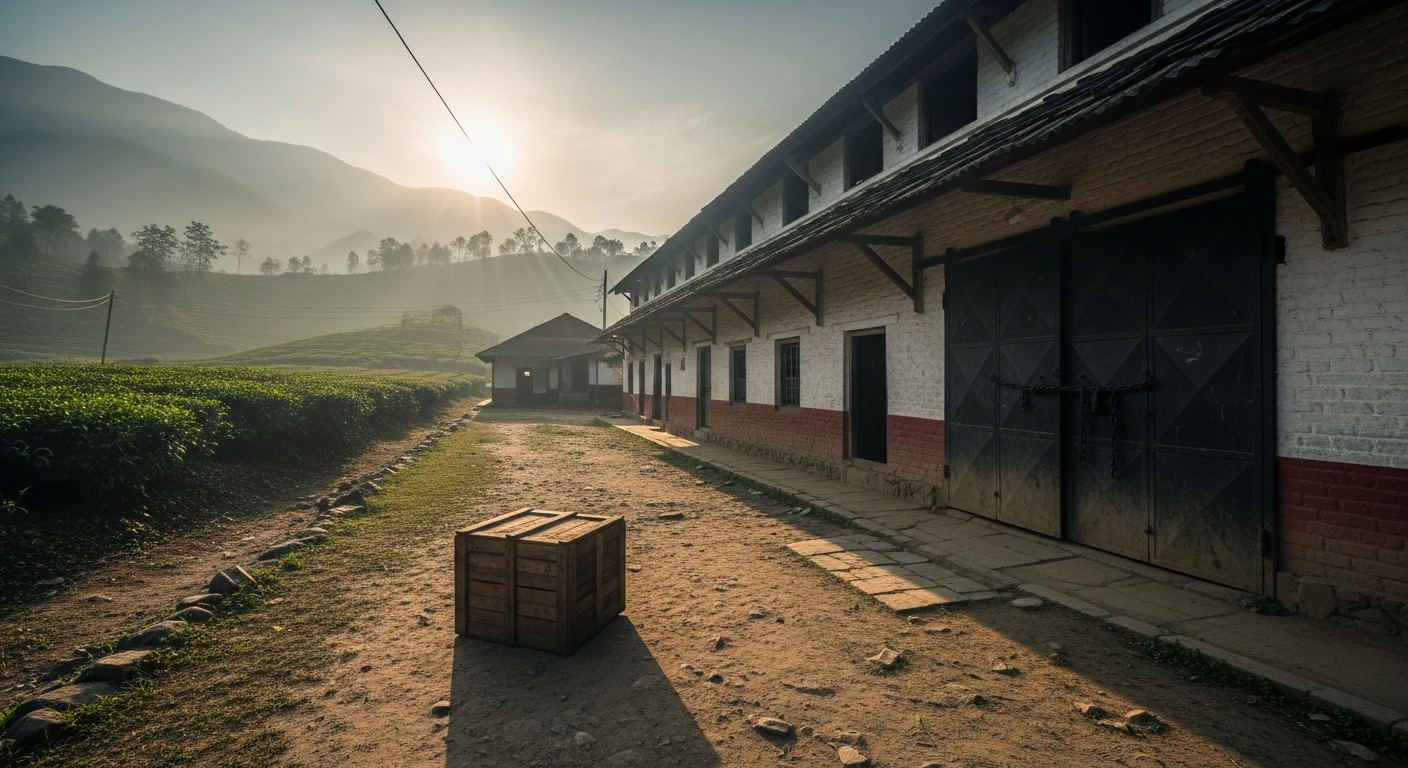 A closed tea factory in the Ilam district of Nepal stands silent as production halts due to export challenges.