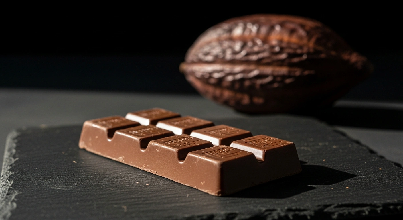 A close-up, low-angle shot of a classic chocolate bar with a slightly dulled sheen on a dark surface, with a blurred, shriveled cocoa pod in the background, symbolizing Nestlé's reformulation of Toffee Crisp and Blue Riband bars to a 'chocolate flavour coating' due to soaring cocoa costs.