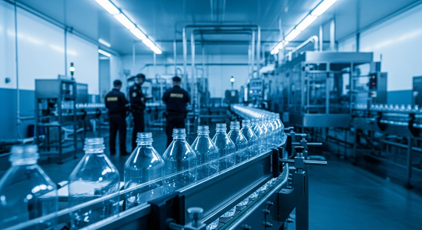 French authorities conduct an official investigation inside a Nestlé Waters bottling plant to inspect water treatment and regulatory compliance.