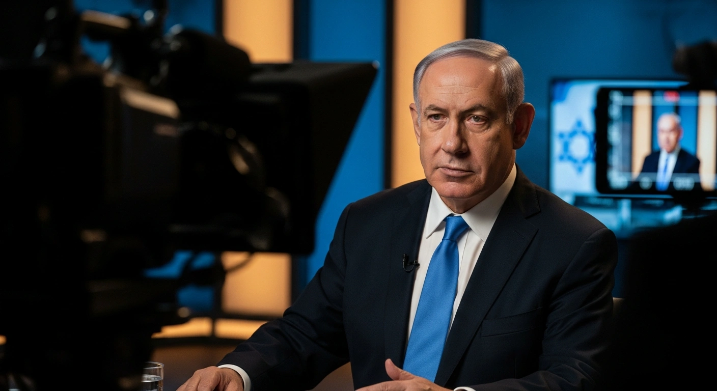 Israeli Prime Minister Benjamin Netanyahu sits in a television studio to discuss the diplomatic alliance and security cooperation between Israel and the United States.